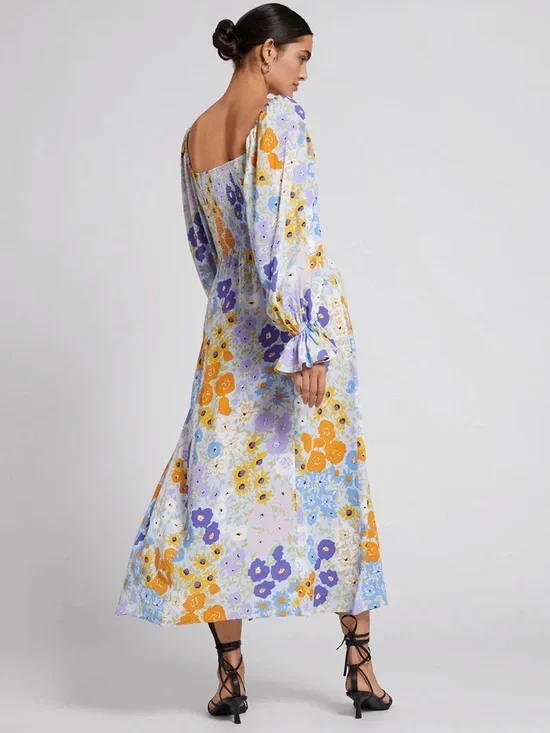 & Other Stories Floral Print Puff Sleeve Midi Dress with front slit - Picture 2 of 4